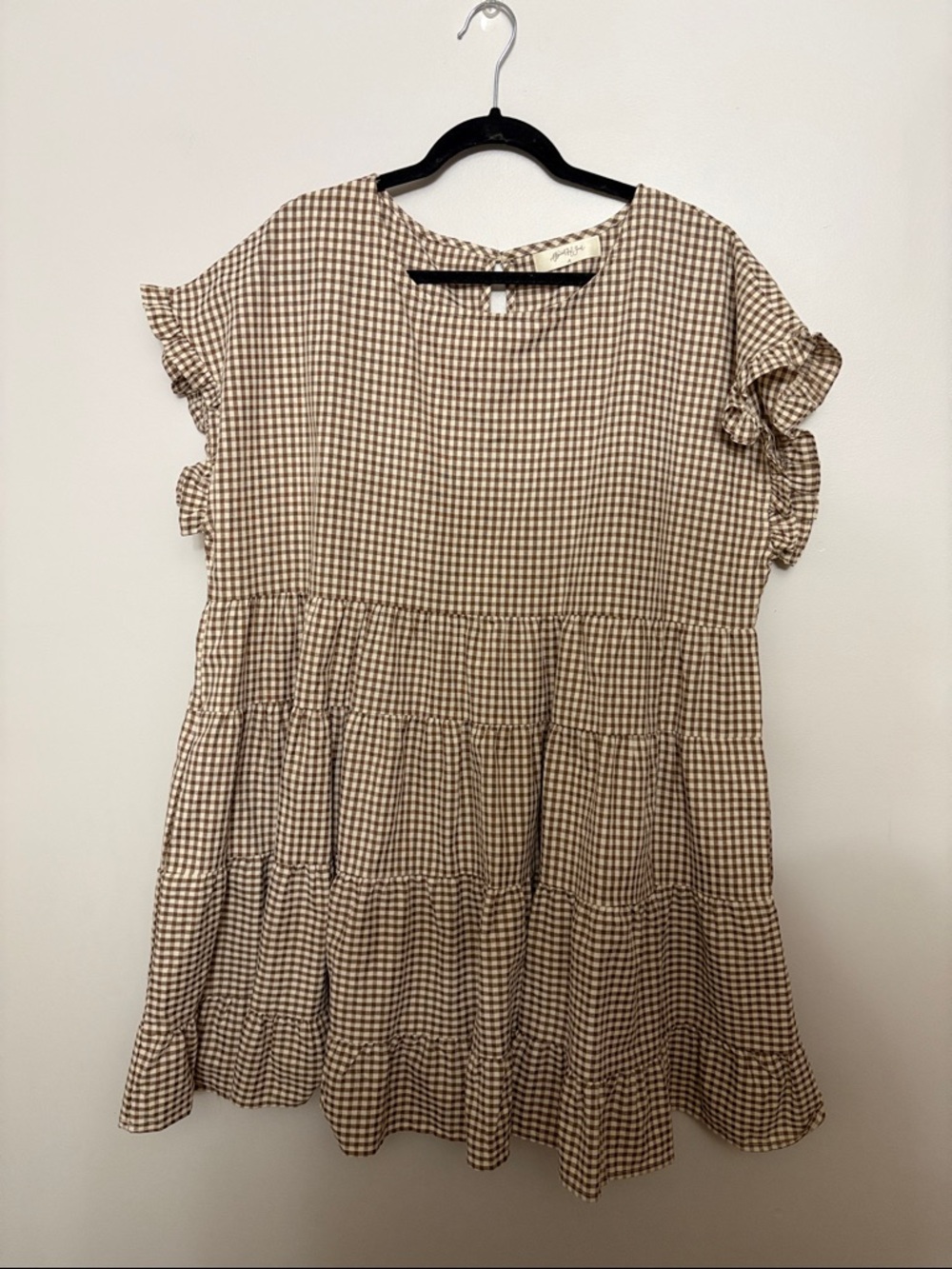 Tiered Gingham Mini Dress in Brown and Cream